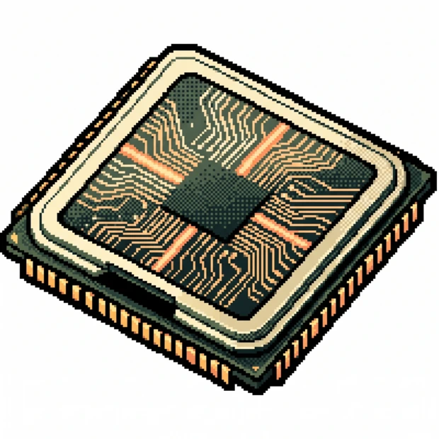 Pixel-art GPU chip with glowing circuit traces