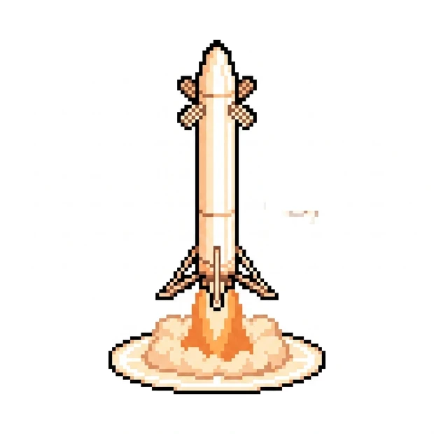 Pixel-art rocket booster touching down upright on a landing pad